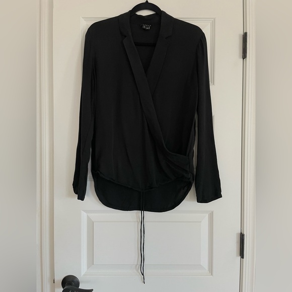 Theory black blazer wrap silk drawstring waist long sleeve blouse small - Picture 1 of 8